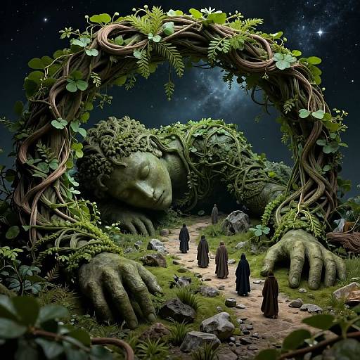 Digital fantasy artwork: Giant moss-covered creature with massive hands under a vine arch, surrounded by cloaked figures, rocky path, starry night sky,