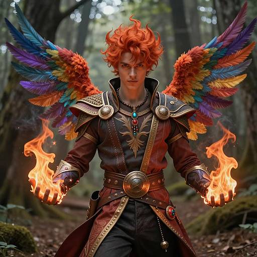 Mystical Young Man in Forest with Flames