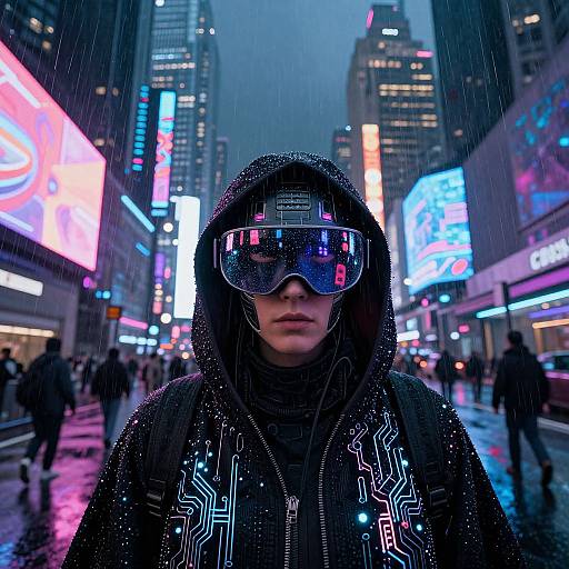 Cyberpunk-style photograph of a person in a black hoodie and reflective goggles standing in a neon-lit, rainy city street.
