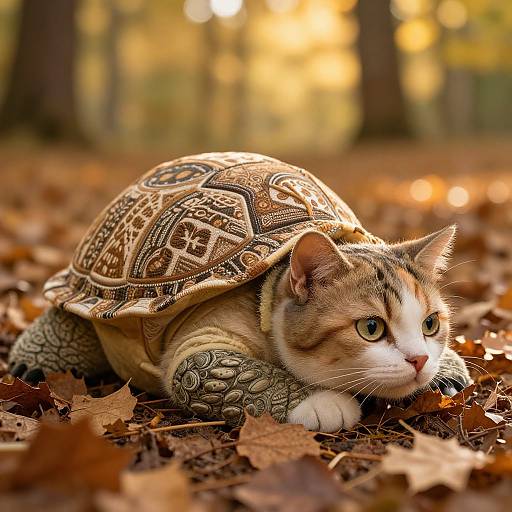 Photograph of a tabby cat with green eyes wearing a detailed turtle shell, lying on an autumn forest floor covered in brown leaves.