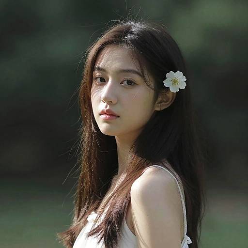 Photograph of an Asian woman with long black hair, wearing a white floral hairpin and sleeveless white top, standing outdoors with a blurred green background