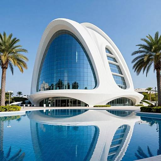 Photograph of a futuristic, white, dome-shaped building with large blue-tinted windows, reflecting in a pristine pool, surrounded by palm trees against