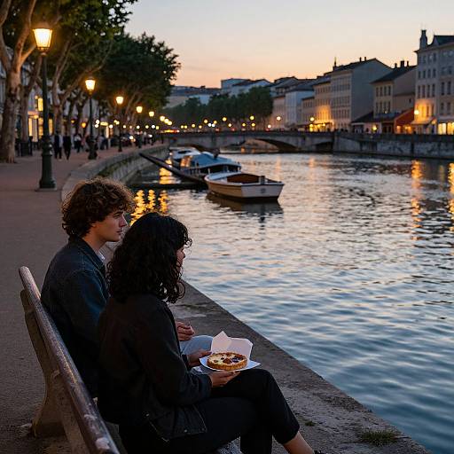Photograph of a curly-haired man and woman sitting on a bench by a canal at dusk, sharing pizza while watching boats and lit buildings in the background