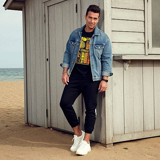 Photograph of a man leaning against a light gray wooden beach hut, wearing a denim jacket, black T-shirt with yellow graphic, black pants, and