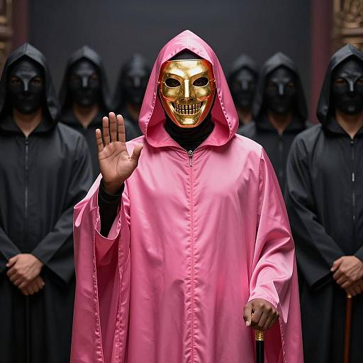 Man in Pink Hooded Cloak with Gold Mask and Cane