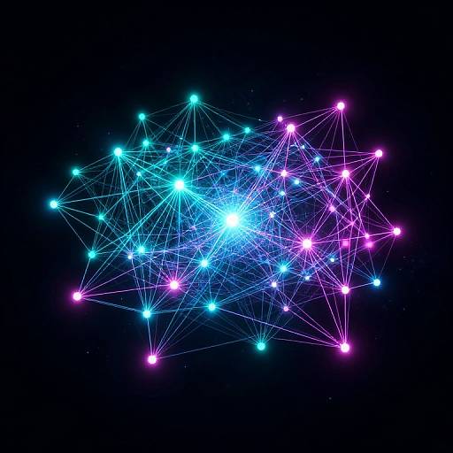 Digital illustration of a neon, interconnected network of glowing blue, cyan, and pink stars against a black background.