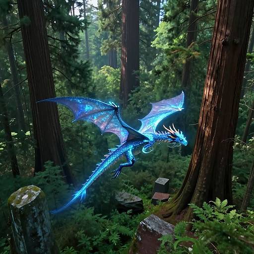 Digital artwork of a glowing blue dragon with intricate wing patterns soaring through a dense, sunlit redwood forest.