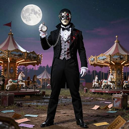 Carnival Ringleader in Mask Holding Pocket Watch