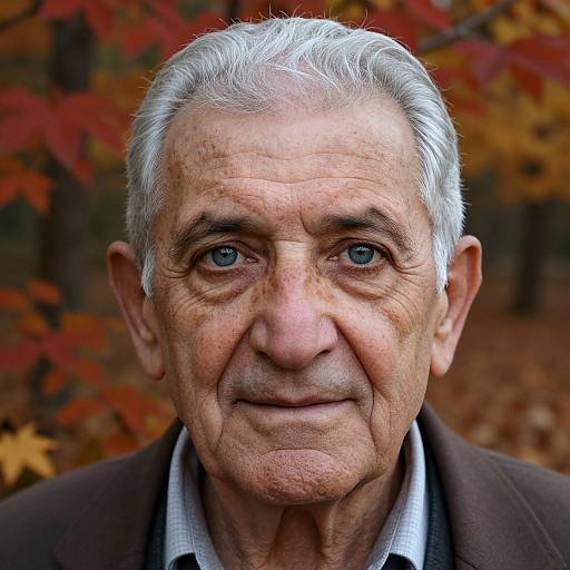 Photograph of an elderly man with silver hair, blue eyes, and wrinkled skin, smiling slightly, wearing a brown jacket and white shirt, set