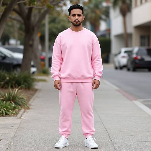 Photograph of a bearded man with short black hair, wearing a light pink sweatshirt and pants, white sneakers, standing on a city sidewalk.