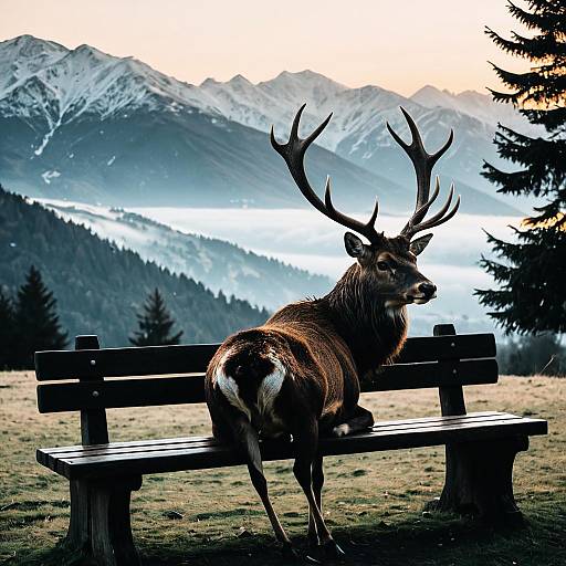 Majestic stag on park bench at mountain sunset
