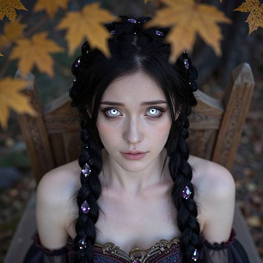 Photograph of a pale, dark-haired woman with glowing blue eyes, braided hair, and black autumn dress, framed by orange leaves, seated on
