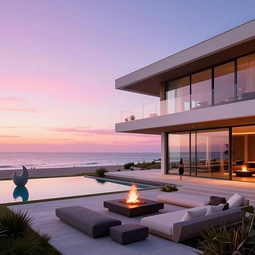Modern two-story beach house at sunset, featuring a glass facade, outdoor fire pit, pool, lounge seating, and ocean view.
