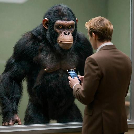 Man Facing Ape-Like Creature Behind Glass