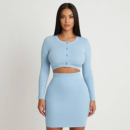 Photograph of a curvy woman with long black hair, wearing a light blue ribbed crop top and matching high-waisted skirt, standing against