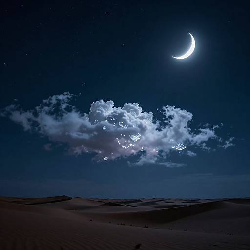 Night sky with bright crescent moon, starry backdrop, and glowing cloud with floating fish-like shapes over dark desert dunes.