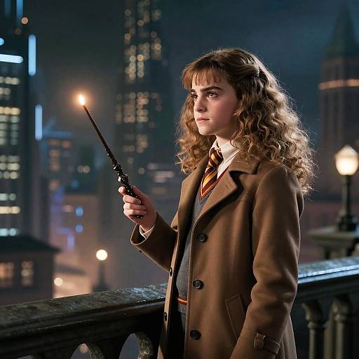 Photograph of a curly-haired woman in a brown coat holding a wand, standing on a balcony at night against a city skyline.