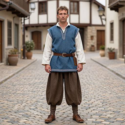 Photograph of a Caucasian man in medieval attire, blue sleeveless tunic, white shirt, brown pants, and boots, standing on a cobble