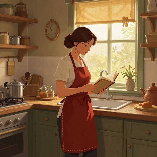 Digital painting of a young woman with brown hair in a bun, wearing a red apron and white blouse, reading a cookbook in a warm, sun