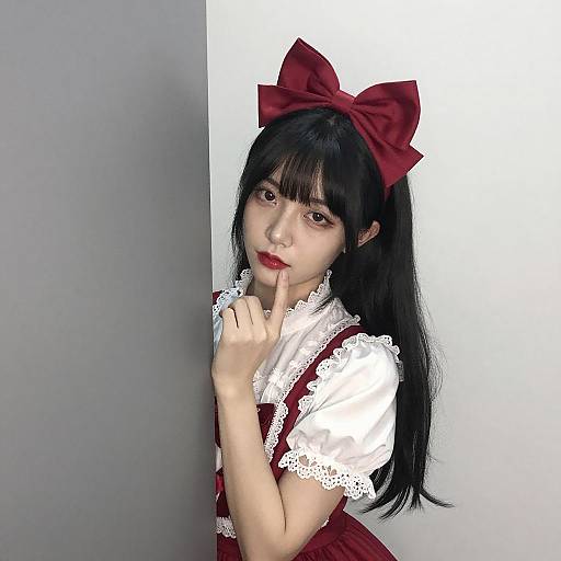 Asian Woman in Red Bow Dress