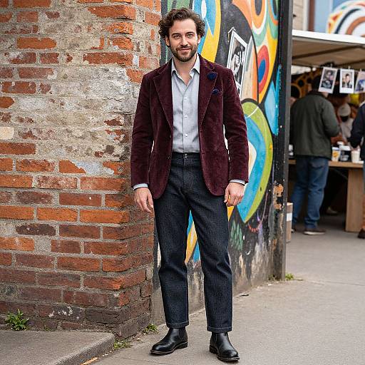 Photograph of a bearded man with curly hair, wearing a dark maroon velvet blazer, white shirt, and dark pants, standing against a