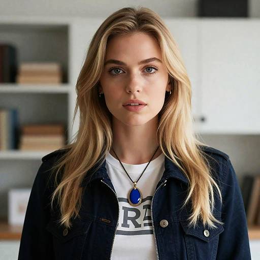 Blonde Woman with Blue Pendant Necklace