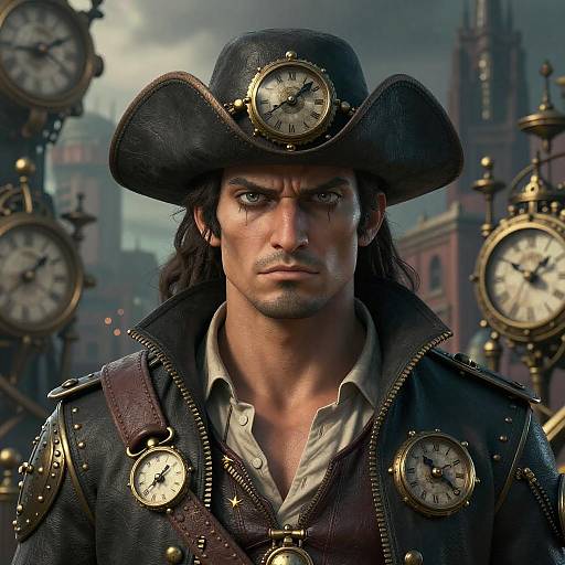 Epic Sky Pirate in Clockwork Cityscape