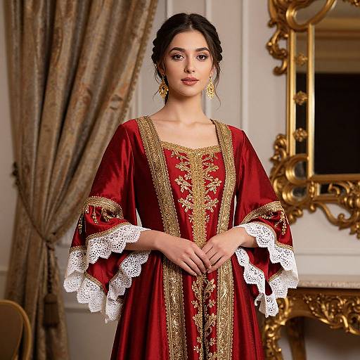 Elegant Woman in Red Gilded Dress