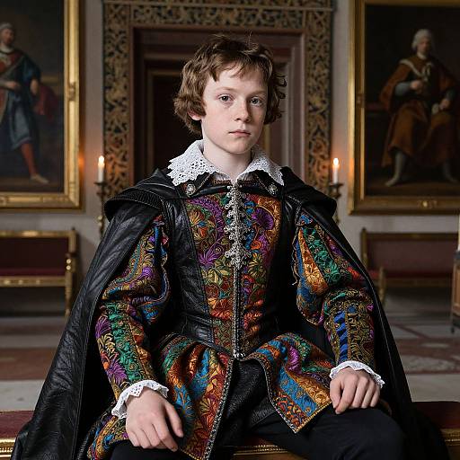 Photograph of a young boy in a richly embroidered Renaissance-style black velvet gown with white lace collar, seated in a grand, candlelit room with