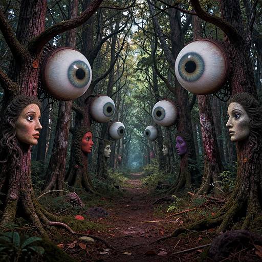 Digital art of a forest with giant eyes and faces on trees, featuring diverse facial expressions, and a misty, narrow path. Surreal, eerie