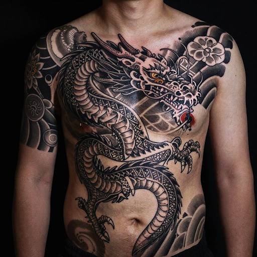 Geometric Japanese Dragon Sternum Tattoo