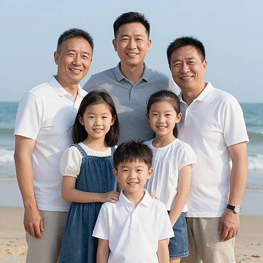 Photograph of a smiling Asian family with three men and two girls, standing on a beach, wearing white shirts, blue dress, and beige pants,