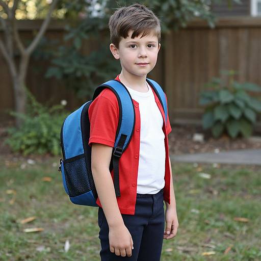 Photograph of a young boy with short brown hair, wearing a red shirt, white t-shirt, black pants, and a blue backpack, standing in