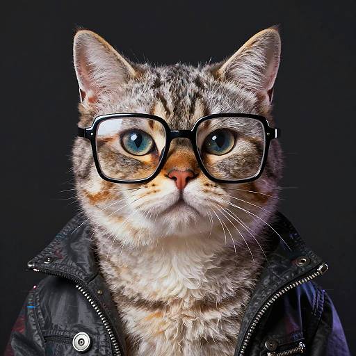 Photograph of a tabby cat with blue eyes, wearing black-rimmed glasses and a black jacket, against a dark background.
