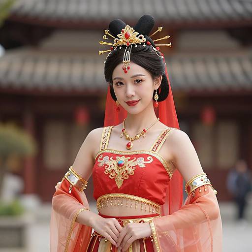 Photograph of an Asian woman in traditional Chinese red and gold bridal attire, adorned with ornate jewelry and black hairpins, standing in front of a