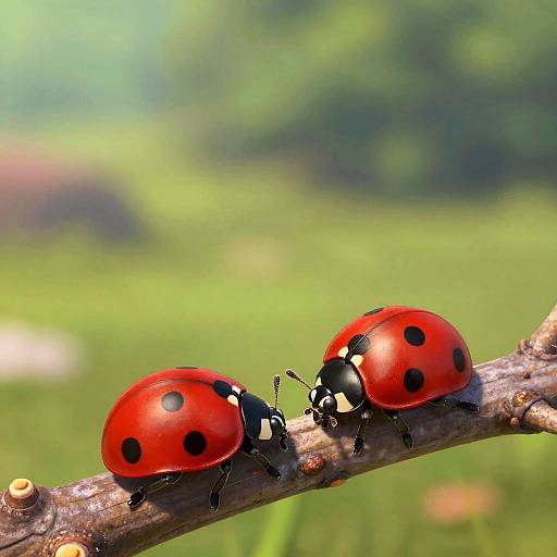 Photograph of two vibrant red ladybugs with black spots walking on a brown branch, set against a blurred green, sunlit background.