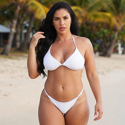 Curvy Woman in White Bikini on Tropical Beach