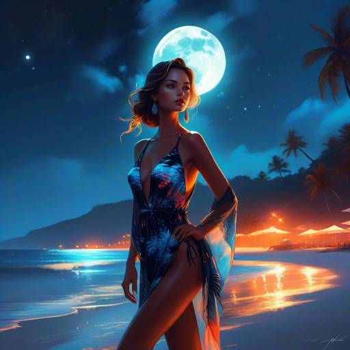 Glamorous Woman in Moonlit Beachwear