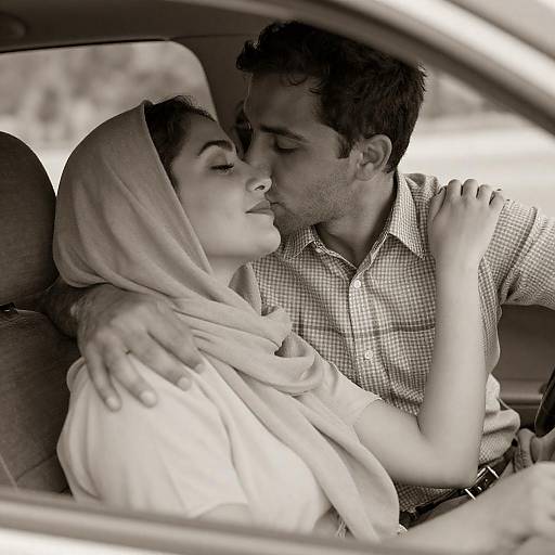Intimate Car Kiss Captured in Sepia
