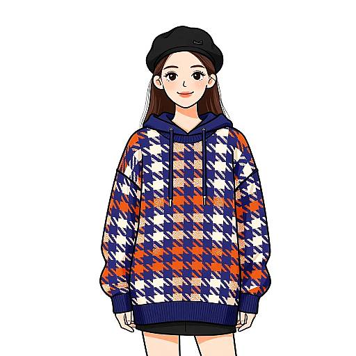 Smiling Woman in Preppy Plaid Hoodie