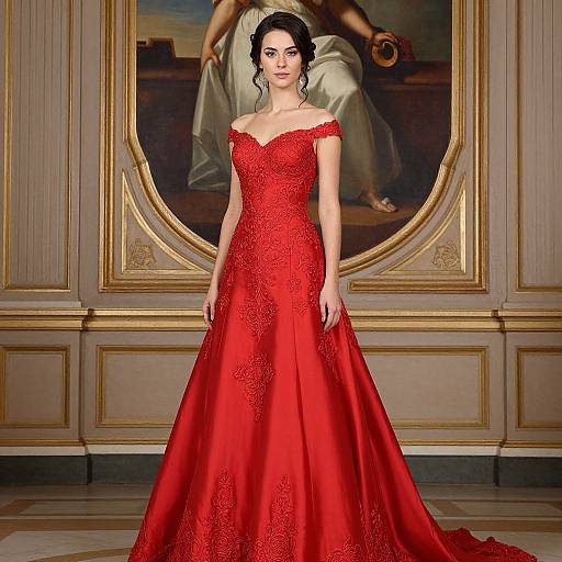 Photograph of a woman in an off-shoulder, red, lace-embellished gown standing in an opulent room with a classical painting