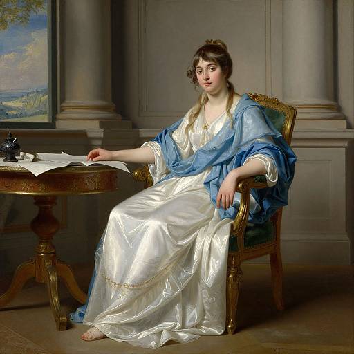 Photograph-style digital painting of a fair-skinned woman with brown hair in a blue shawl and white satin dress, seated on a gold chair in