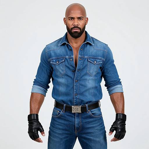 Photograph of a bald, muscular Black man with a beard, wearing a blue denim shirt and pants, black belt, and fingerless gloves, standing