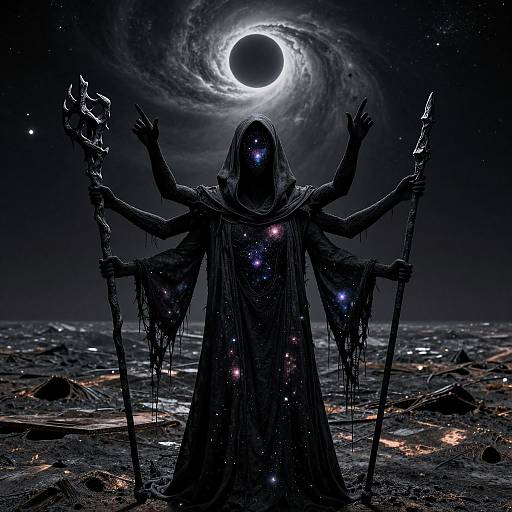 Digital artwork of a dark, hooded figure with glowing eyes and six arms, holding staffs, standing in a desolate, starry landscape under