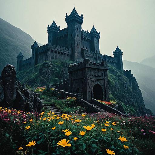 Ominous Ancient Fortress in Misty Valley