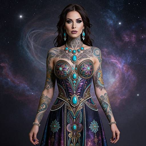 Photograph of a tattooed woman in an ornate, turquoise-embellished, dark purple gown, standing against a cosmic galaxy background.