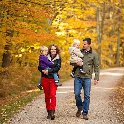 Photograph of a smiling family with two children, a mother in red pants and black jacket, father in green jacket, walking on a colorful autumn path