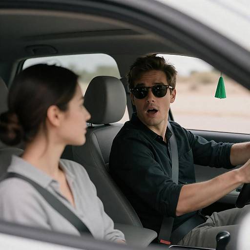 Surprised Man Driving with Female Passenger in Car