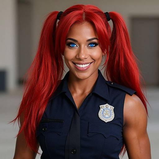 Photograph of a smiling woman with vibrant red pigtails, blue contact lenses, and a black police uniform, featuring a white badge, in a