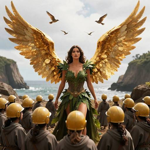 Woman with Golden Wings and Leafy Dress on Coastal Cliff